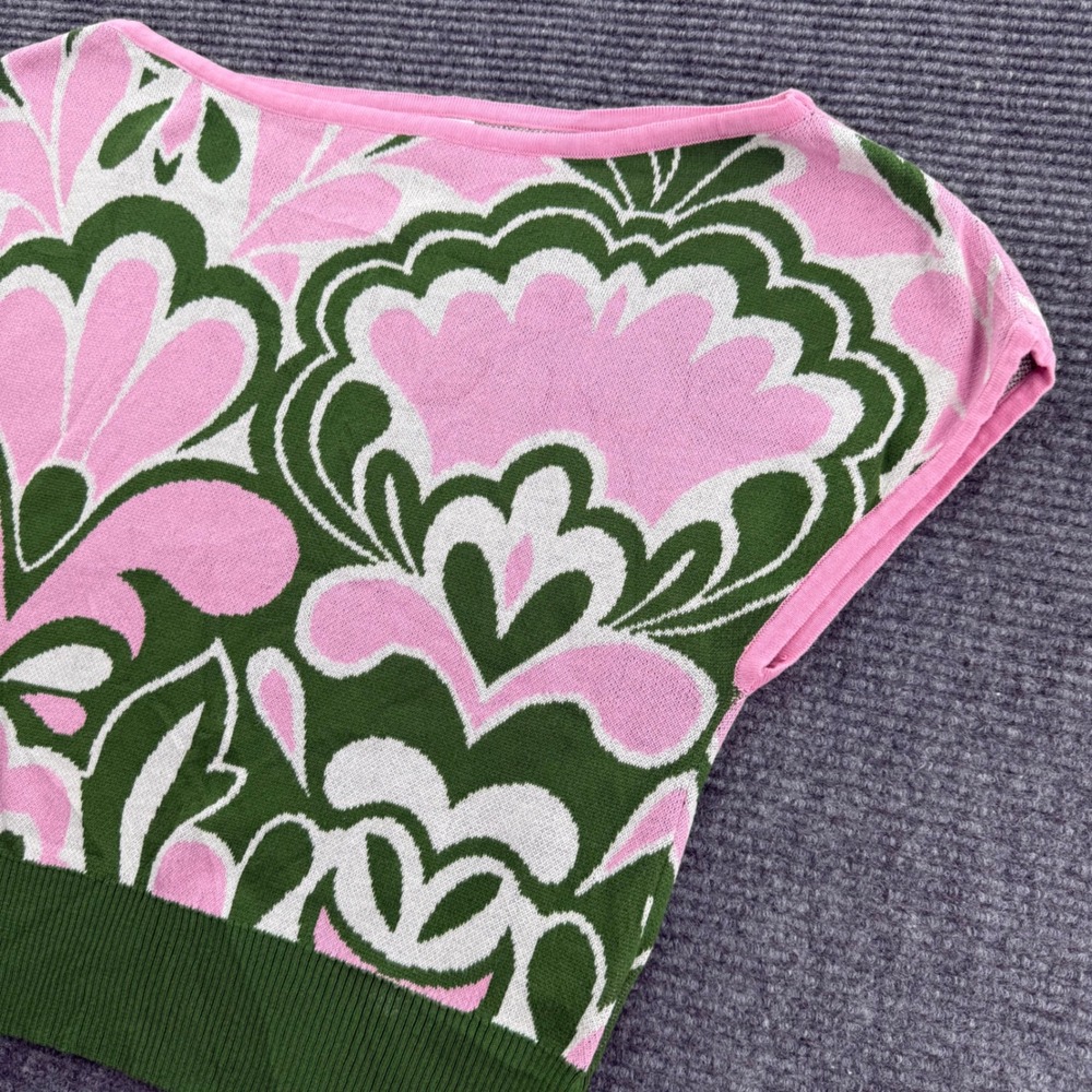OXKNIT Womens Medium Pink Green Floral Damask Cotton Knit Cap Sleeve Sweater Top